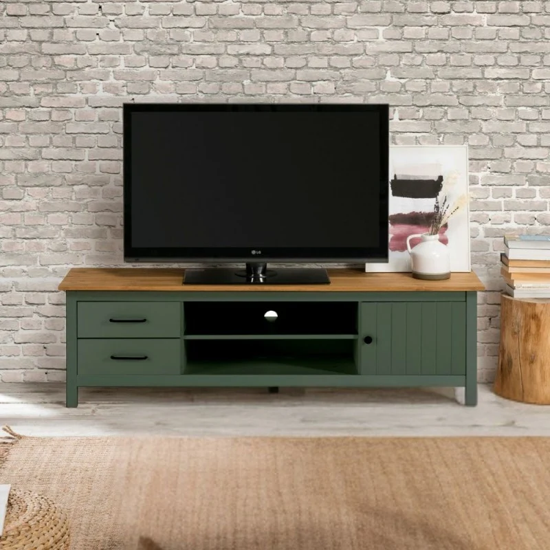Mobile porta Tv in legno massiccio con 1 anta 2 cassetti colore verde e pino Miranda 158x40x47H