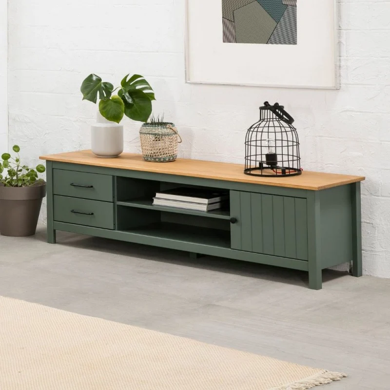 Mobile porta Tv in legno massiccio con 1 anta 2 cassetti colore verde e pino Miranda 158x40x47H