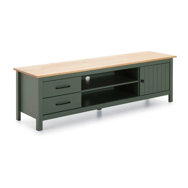 Mobile porta Tv in legno massiccio con 1 anta 2 cassetti colore verde e pino Miranda 158x40x47H