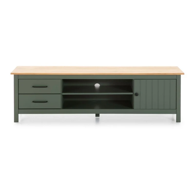 Mobile porta Tv in legno massiccio con 1 anta 2 cassetti colore verde e pino Miranda 158x40x47H