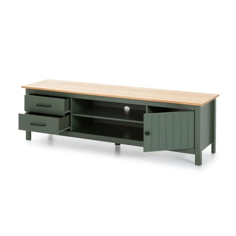 Mobile porta Tv in legno massiccio con 1 anta 2 cassetti colore verde e pino Miranda 158x40x47H