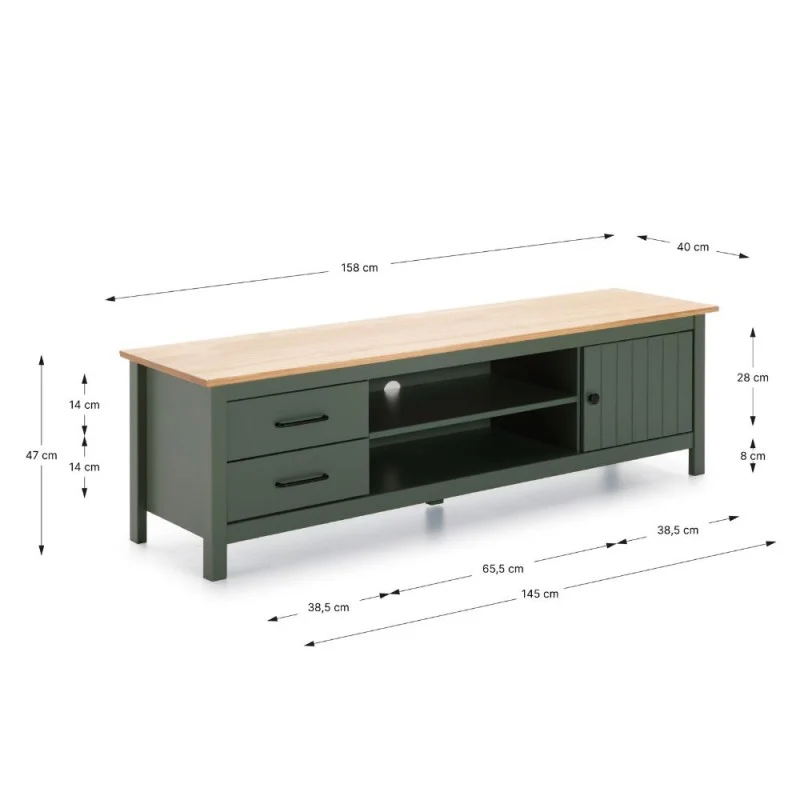 Mobile porta Tv in legno massiccio con 1 anta 2 cassetti colore verde e pino Miranda 158x40x47H
