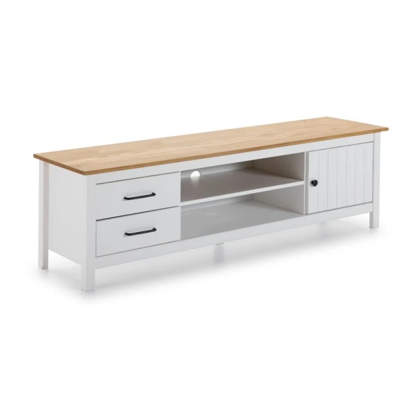 Mobile porta Tv in legno massiccio con 1 anta 2 cassetti colore bianco e pino Miranda 158x40x47H