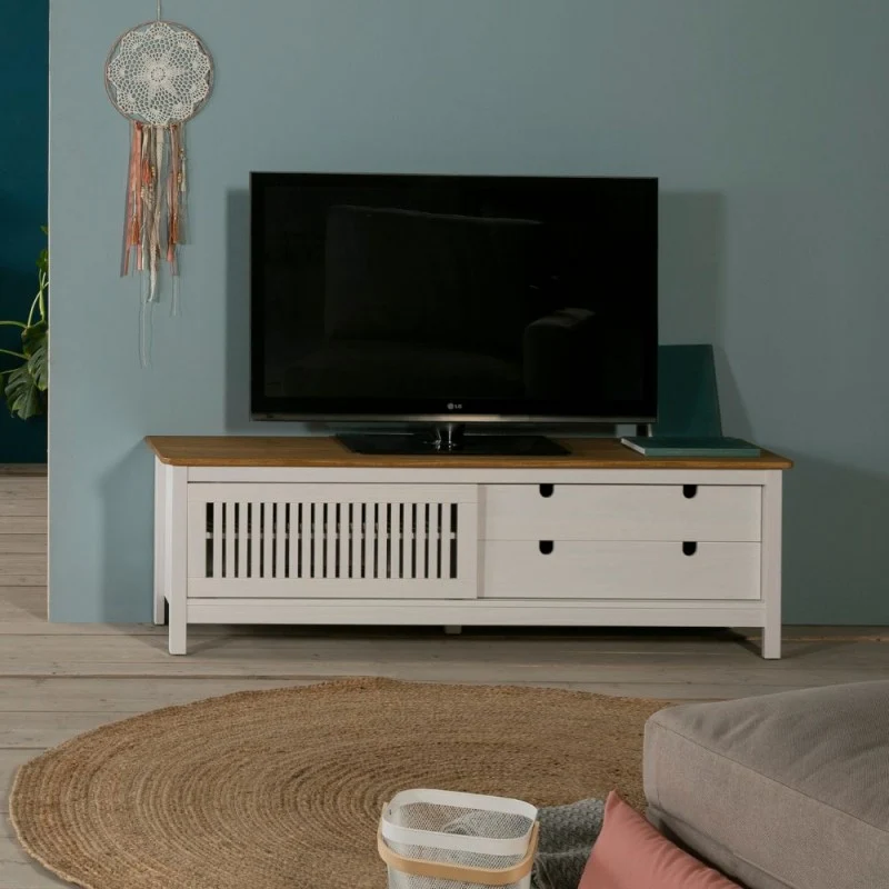 Mobile porta Tv con anta scorrevole effetto griglia e cassetti in legno massiccio 158 colore bianco e pino Bruna