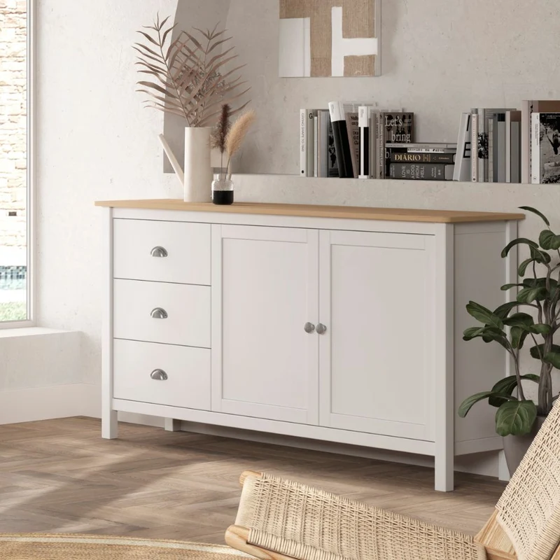 Credenza con 2 ante e 3 cassetti in legno massiccio colore bianco e rovere Misti 150x40x80H