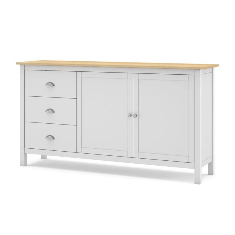 Credenza con 2 ante e 3 cassetti in legno massiccio colore bianco e rovere Misti 150x40x80H