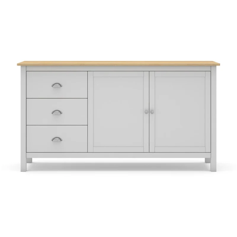 Credenza con 2 ante e 3 cassetti in legno massiccio colore bianco e rovere Misti 150x40x80H