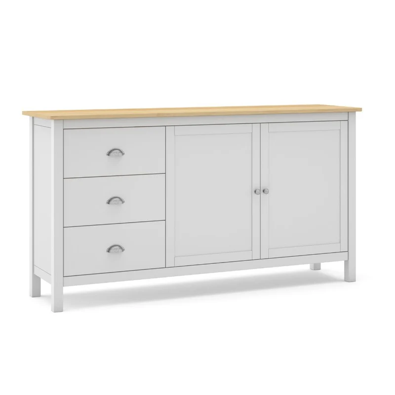 Credenza con 2 ante e 3 cassetti in legno massiccio colore bianco e rovere Misti 150x40x80H