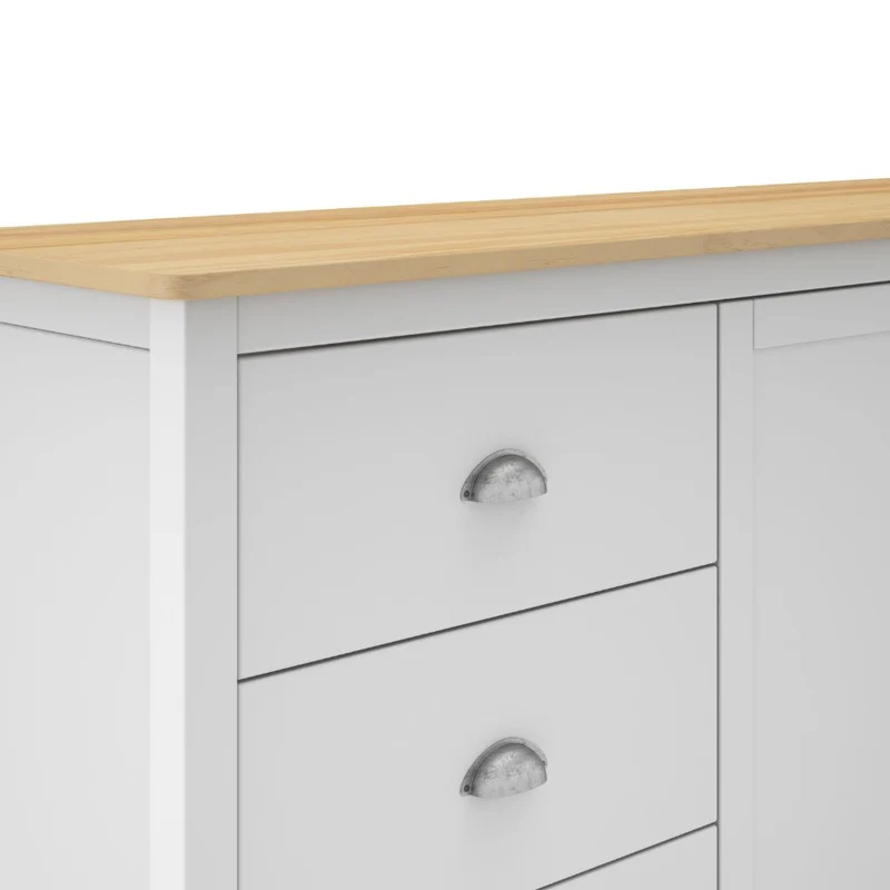 Credenza con 2 ante e 3 cassetti in legno massiccio colore bianco e rovere Misti 150x40x80H