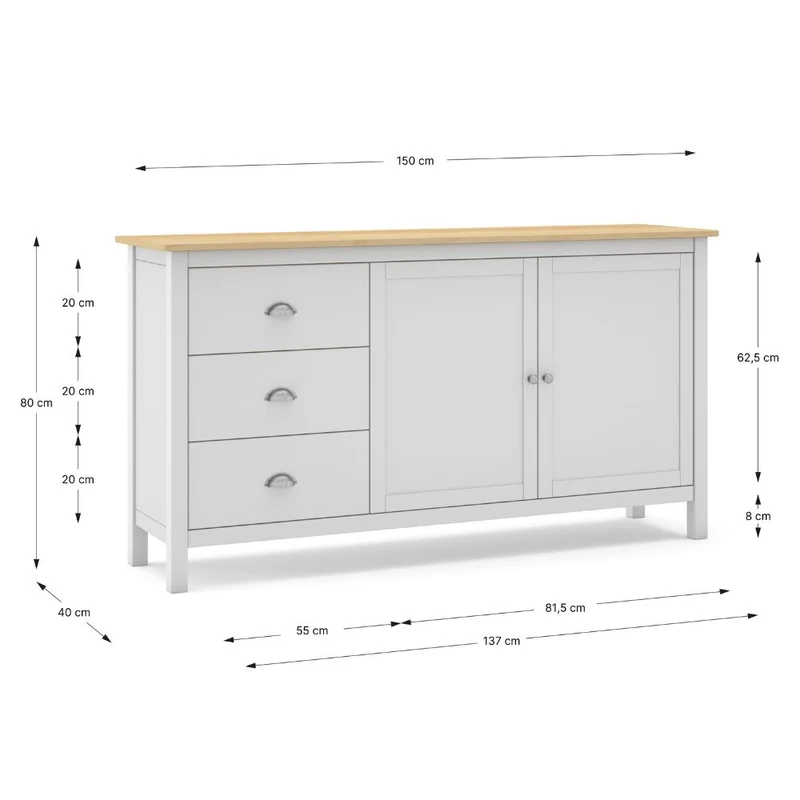 Credenza con 2 ante e 3 cassetti in legno massiccio colore bianco e rovere Misti 150x40x80H