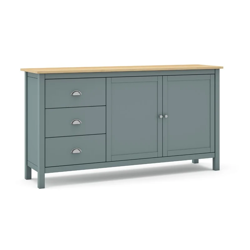Credenza con 2 ante e 3 cassetti in legno massiccio colore verde cachi e rovere Misti 150x40x80H