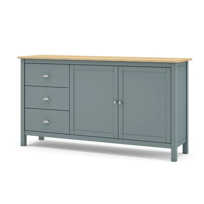 Credenza con 2 ante e 3 cassetti in legno massiccio colore verde cachi e rovere Misti 150x40x80H