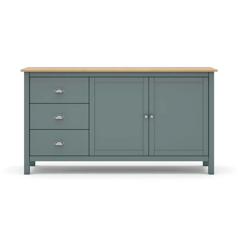 Credenza con 2 ante e 3 cassetti in legno massiccio colore verde cachi e rovere Misti 150x40x80H