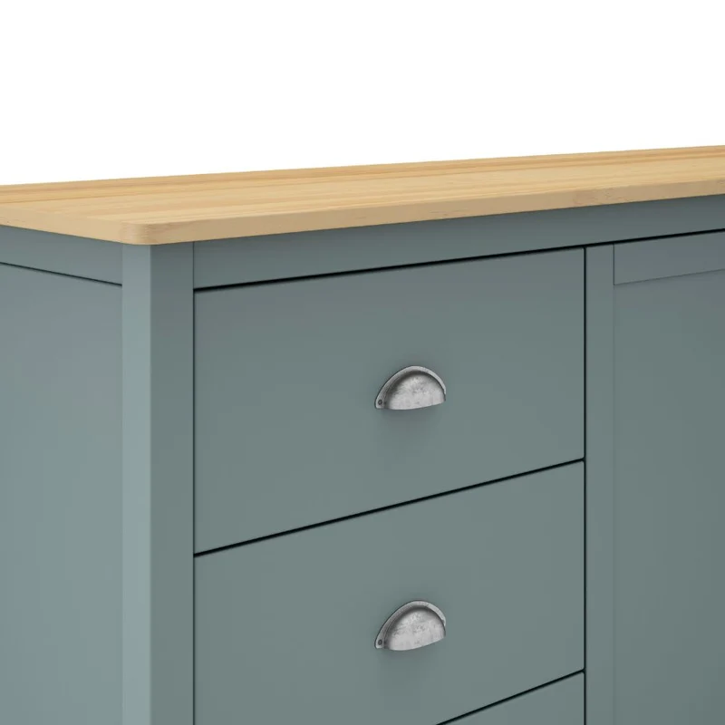 Credenza con 2 ante e 3 cassetti in legno massiccio colore verde cachi e rovere Misti 150x40x80H
