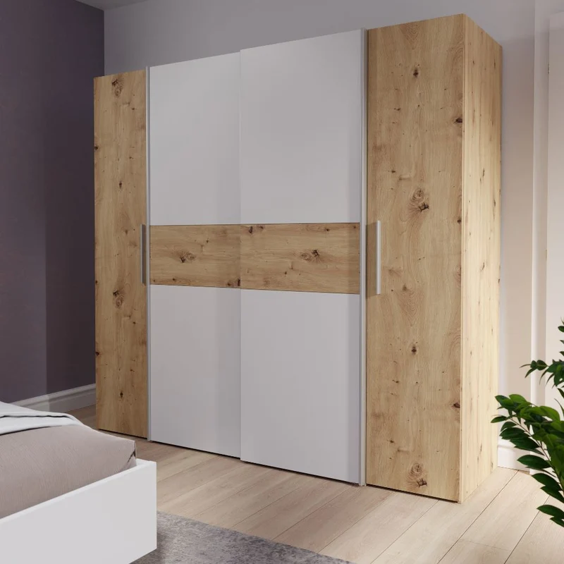 Armadio 4 ante rovere e bianco con ante scorrevoli e battenti 200x61x190H Teodoro