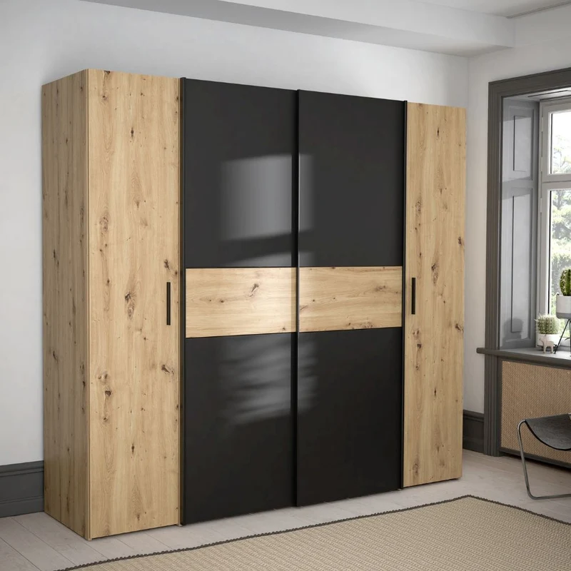 Armadio 4 ante rovere e nero con ante scorrevoli e battenti 200x61x190H Teodoro