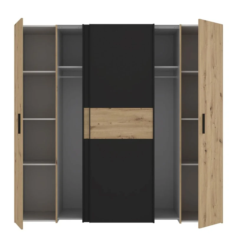 Armadio 4 ante rovere e nero con ante scorrevoli e battenti 200x61x190H Teodoro