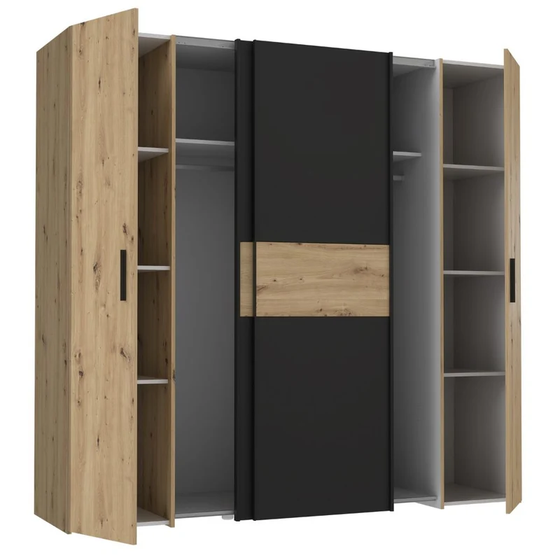 Armadio 4 ante rovere e nero con ante scorrevoli e battenti 200x61x190H Teodoro