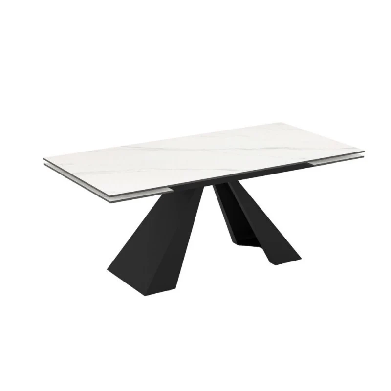 Tavolo allungabile piano in ceramica effetto marmo bianco e gambe in metallo nero 180x90x77H Monza