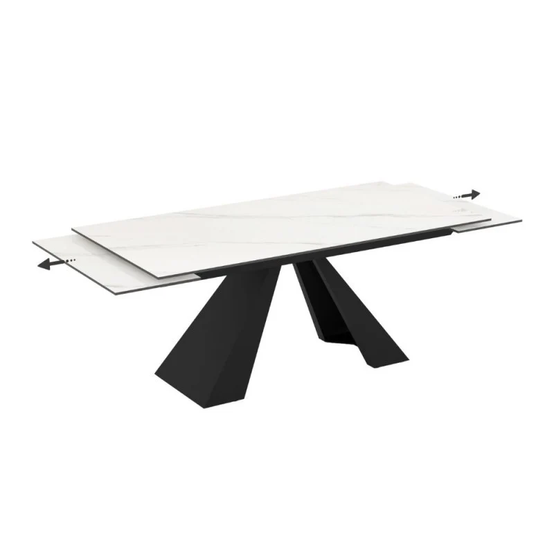 Tavolo allungabile piano in ceramica effetto marmo bianco e gambe in metallo nero 180x90x77H Monza