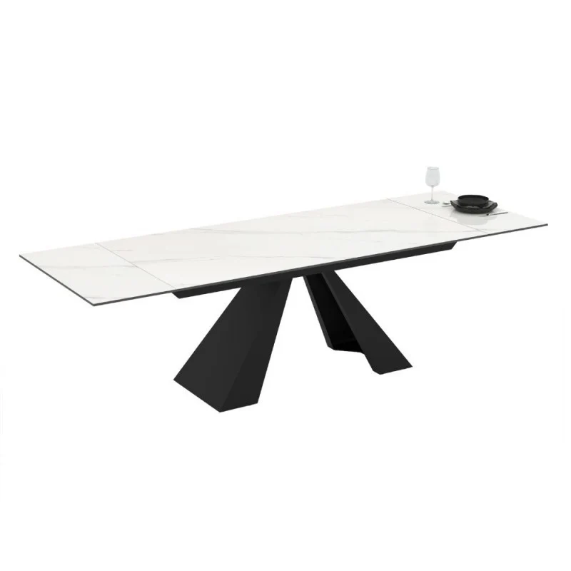 Tavolo allungabile piano in ceramica effetto marmo bianco e gambe in metallo nero 180x90x77H Monza