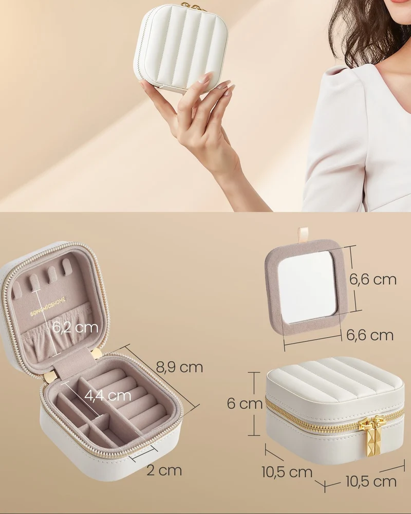 Boîte à bijoux de voyage portable avec miroir 10,5 x 10,5 x 6 cm en PU blanc 12_0011621