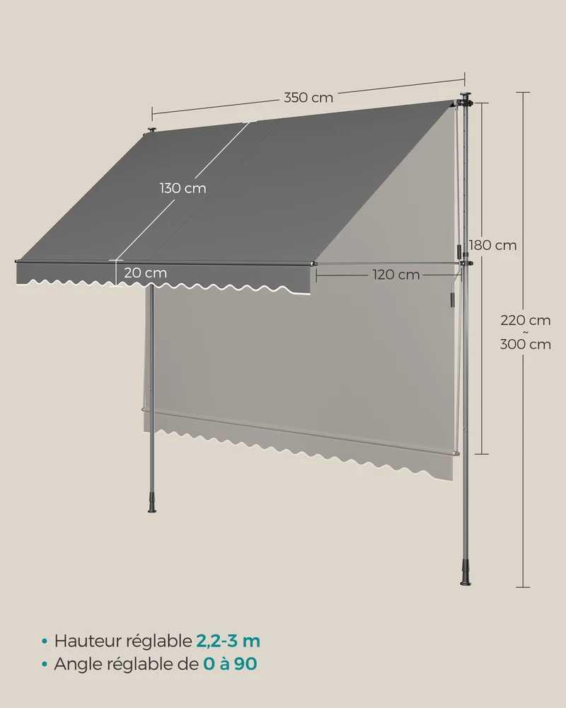 Store banne rétractable manuel réglable en hauteur 350 x 120 cm usage extérieur jardin terrasse en acier gris anthracite 12_0011116