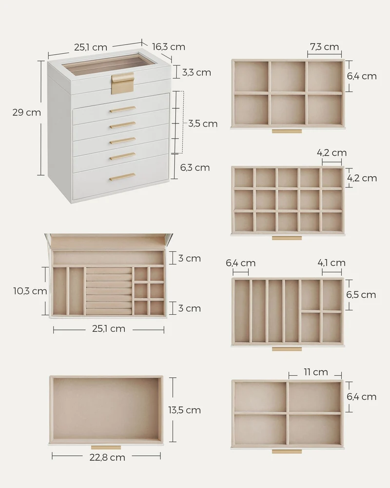 Boîte à bijoux moderne avec 5 tiroirs et couvercle en verre 16,3 x 25,1 x 29 cm en MDF blanc 12_0010384