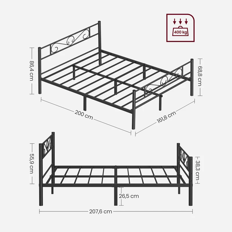 Lit double moderne pour petits espaces 207,6 x 161,8 x 86,4 cm montage facile en métal noir 12_0010091