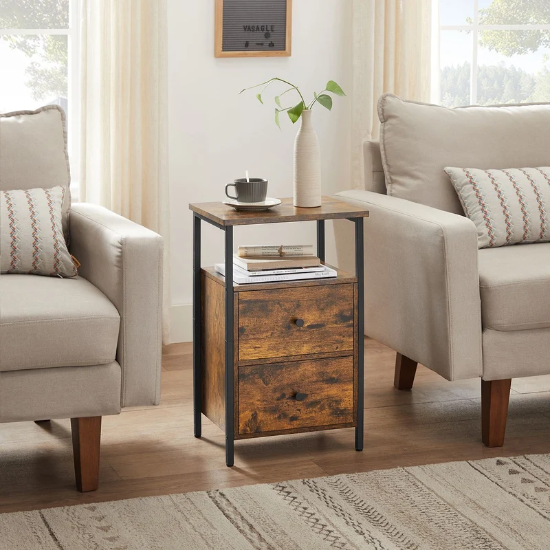 Table de chevet industrielle 38 x 28 x 60 cm avec 2 tiroirs pratique et design pour chambre et salon en aggloméré marron 12_0009612