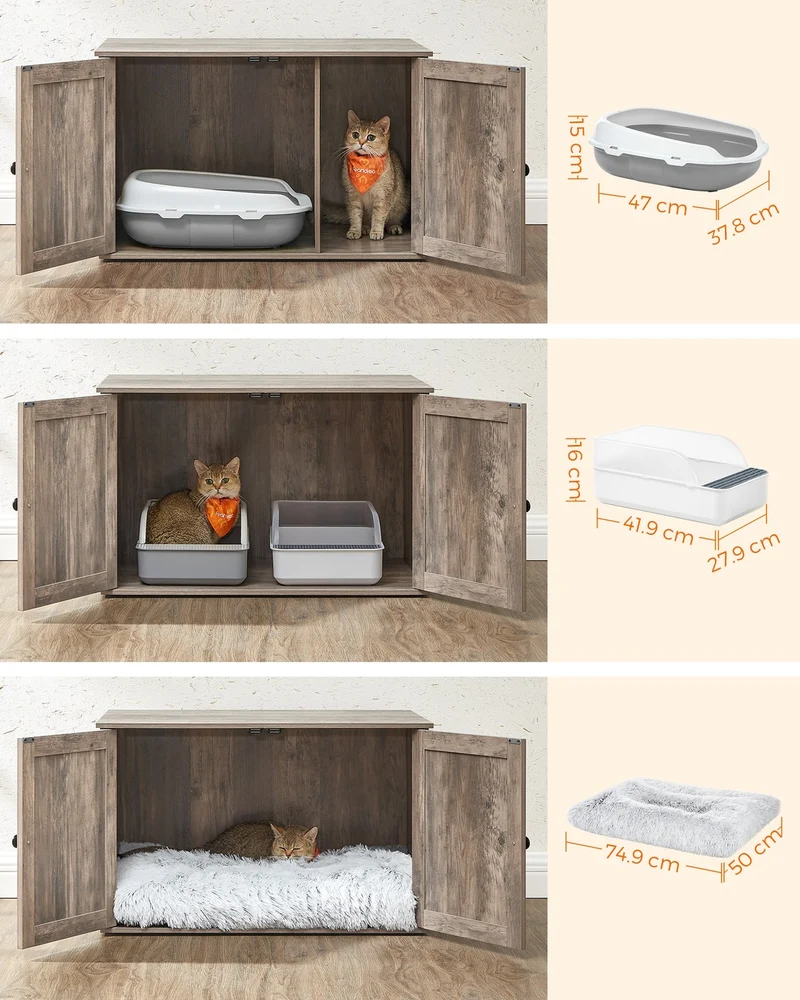 Maison de toilette pour chat 80 x 53 x 50 cm avec séparateur intérieur style rustique ambiance cosy en aggloméré grège 12_0009272