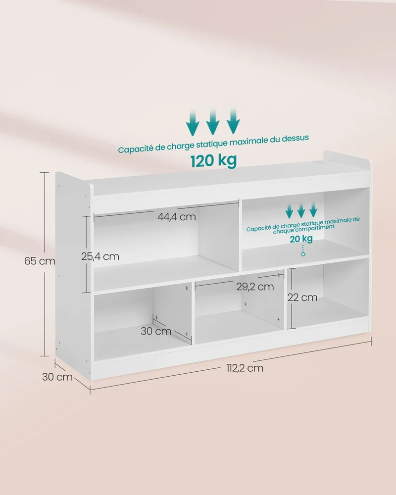Étagère de rangement esprit montessori 30 x 112 x 65 cm 5 compartiments ouverts pour chambre d'enfant salon en aggloméré blanc 12_0013158