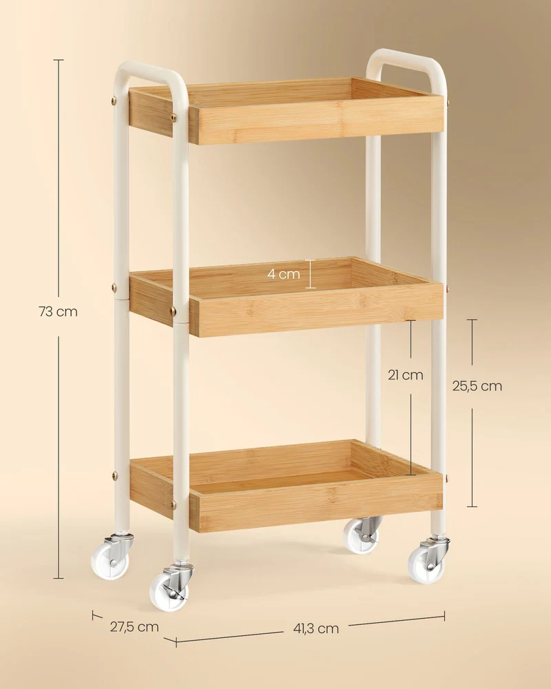 Chariot de rangement à roulettes étagère de cuisine 27,5 x 41,3 x 73 cm pratique style rustique en acier beige 12_0013076