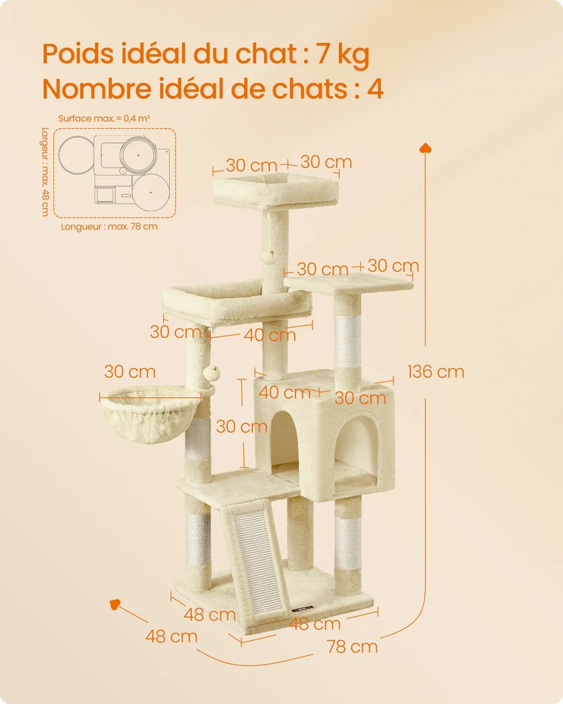 Arbre à chat tour avec poteaux à griffer 48 x 48 x 136 cm 3 plateformes 1 niche 1 panier en sisal beige sable 12_0013032