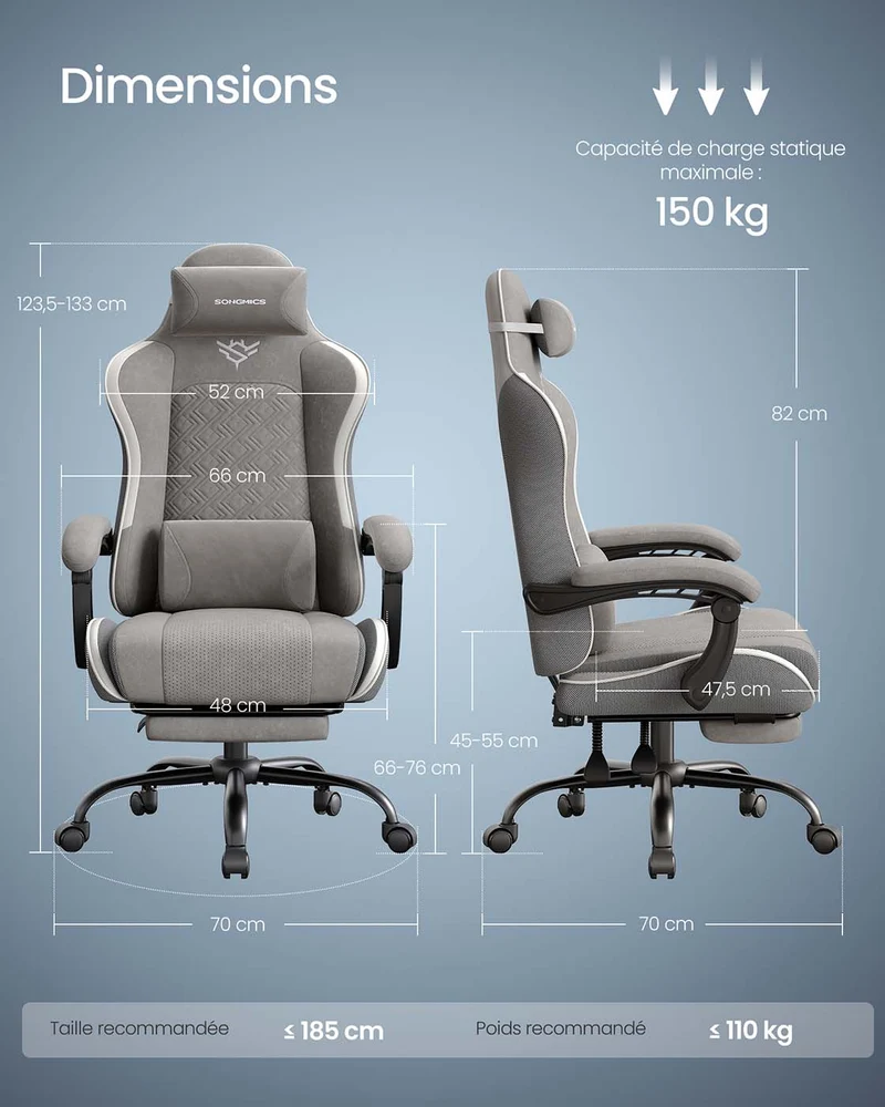 Chaise de bureau ergonomique ajustable 70 x 70 x 133 cm avec repose-pieds design moderne en contreplaqué gris 12_0012562