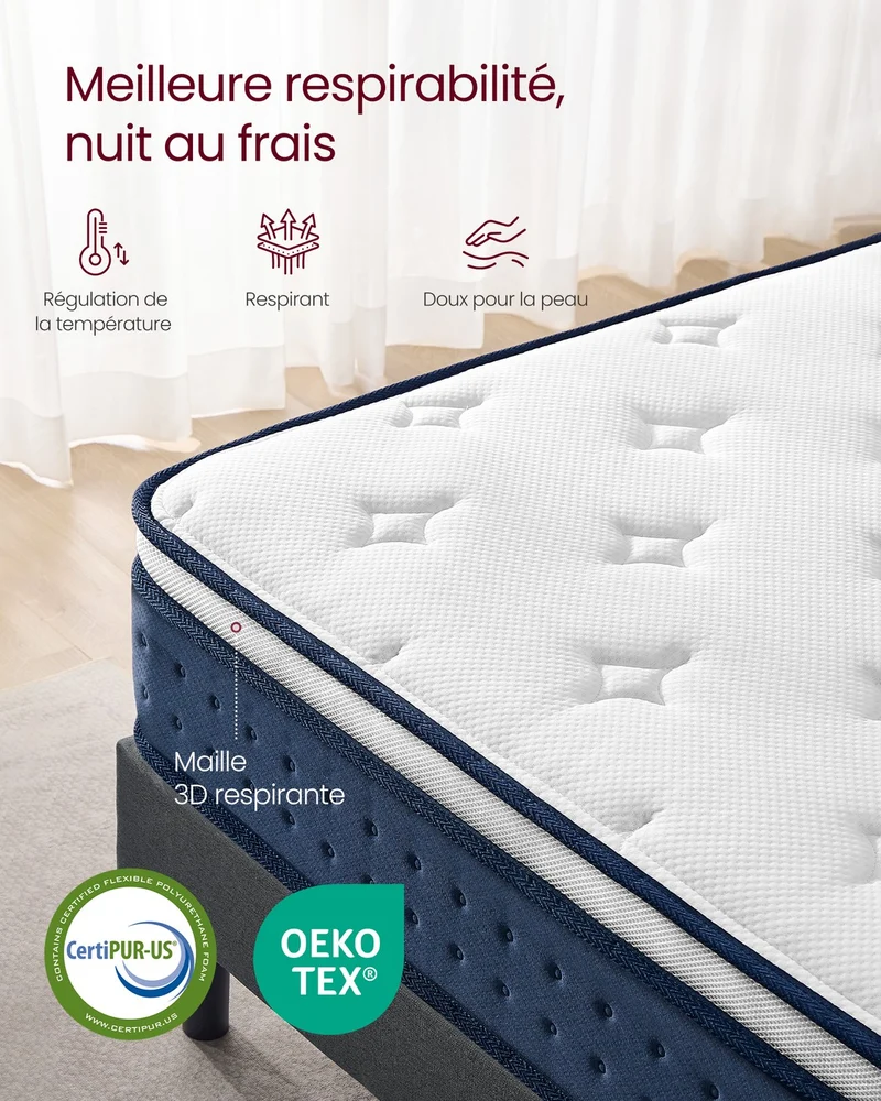 Matelas hybride simple 90 x 190 x 20 cm soutien mi-ferme 7 zones confort optimal en mousse bleu 12_0012481