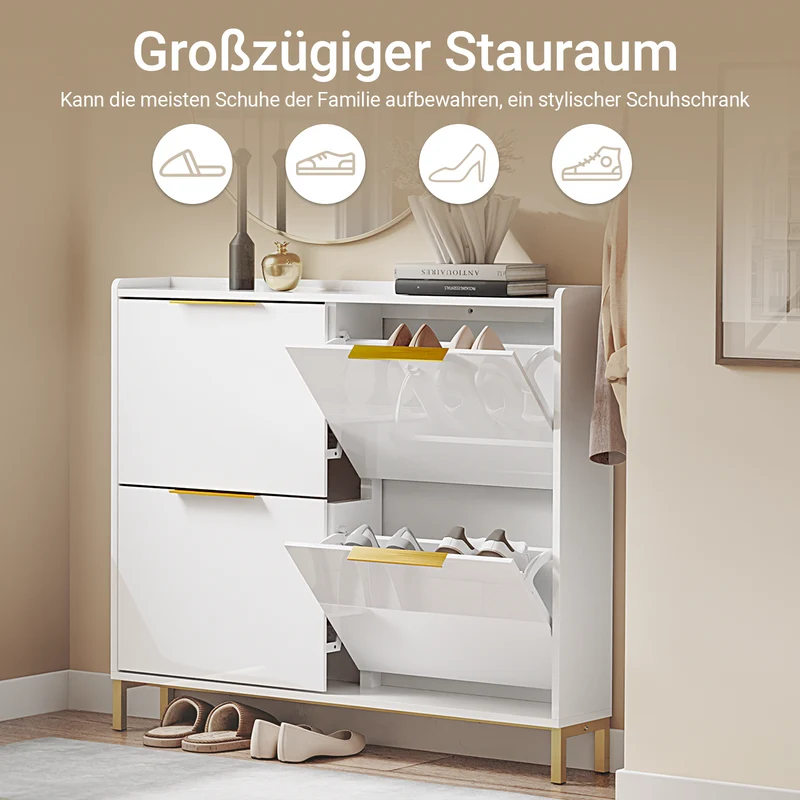 SoBuy | Schuhkipper Schmal | Schuhschrank | mit 4 Klappen | Hochglanz Weiß mit Goldgriffen | FSR206-GW