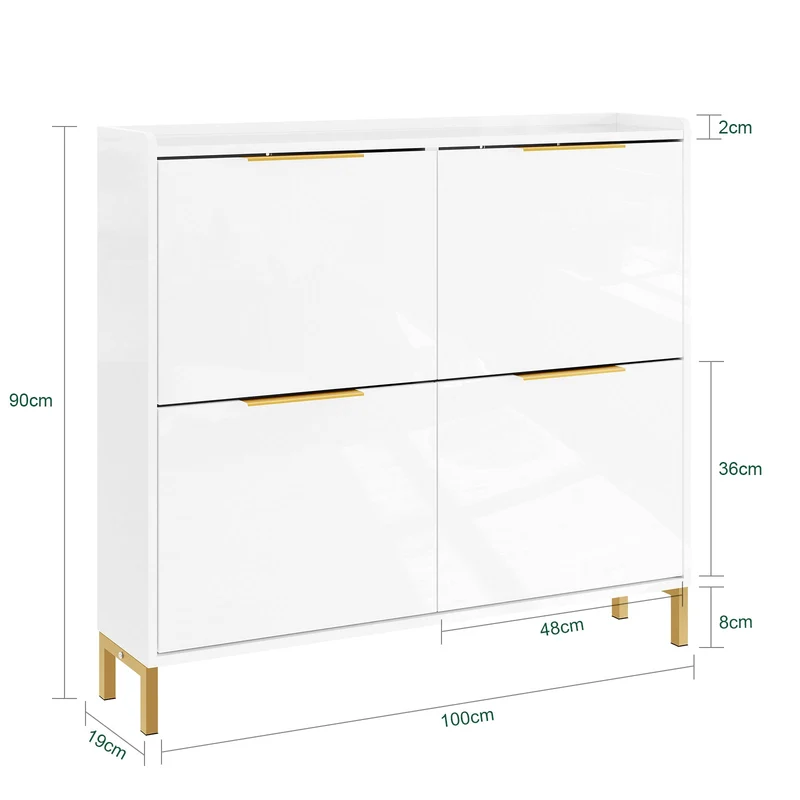 SoBuy | Schuhkipper Schmal | Schuhschrank | mit 4 Klappen | Hochglanz Weiß mit Goldgriffen | FSR206-GW