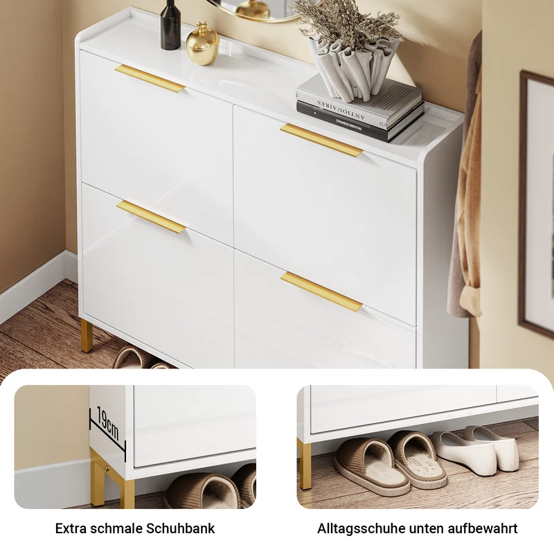 SoBuy | Schuhkipper Schmal | Schuhschrank | mit 4 Klappen | Hochglanz Weiß mit Goldgriffen | FSR206-GW