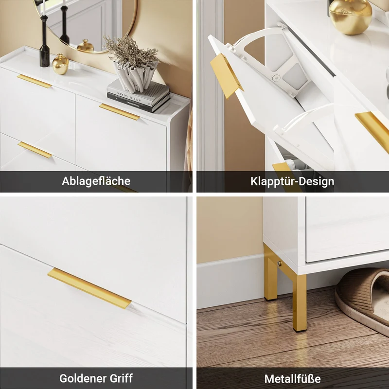 SoBuy | Schuhkipper Schmal | Schuhschrank | mit 4 Klappen | Hochglanz Weiß mit Goldgriffen | FSR206-GW