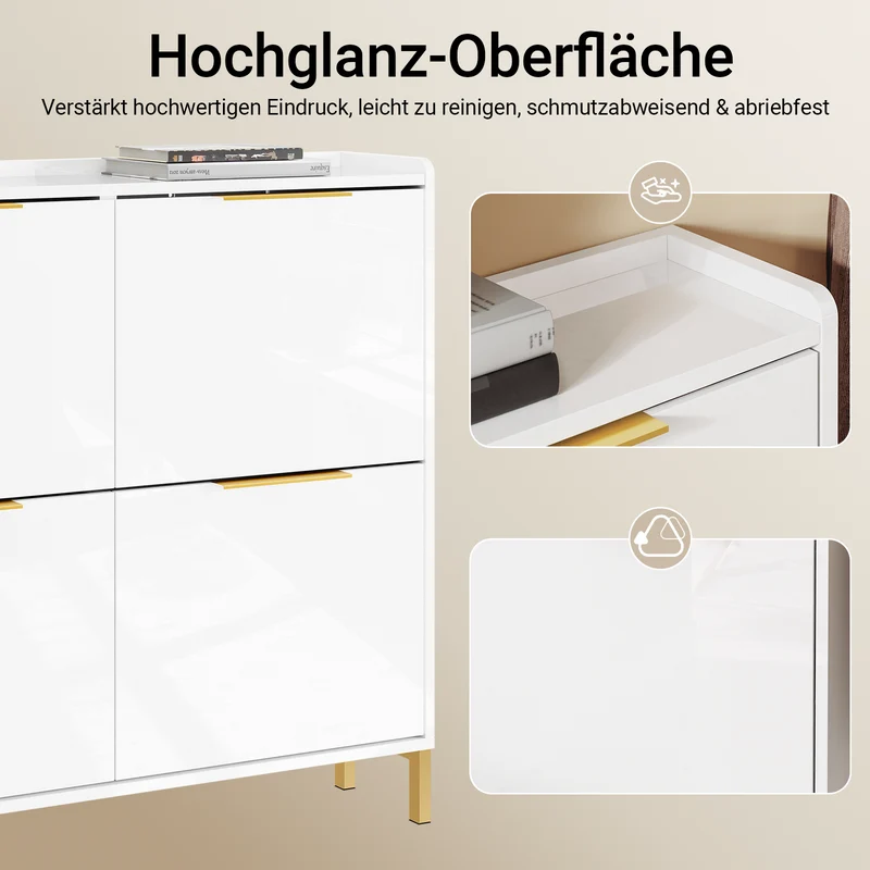 SoBuy | Schuhkipper Schmal | Schuhschrank | mit 4 Klappen | Hochglanz Weiß mit Goldgriffen | FSR206-GW