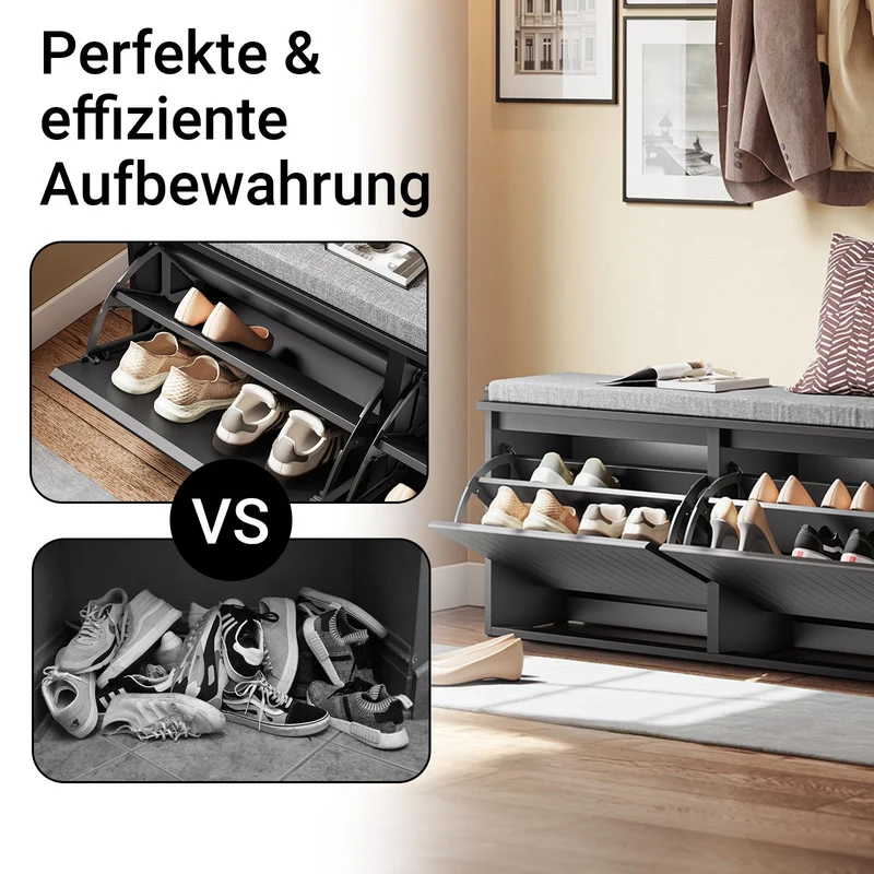 SoBuy | Schuhkipper | Schuhschrank mit 2 Klappen | Schuhbank mit Sitzkissen | Schwarz | FSR98-XL-SCH
