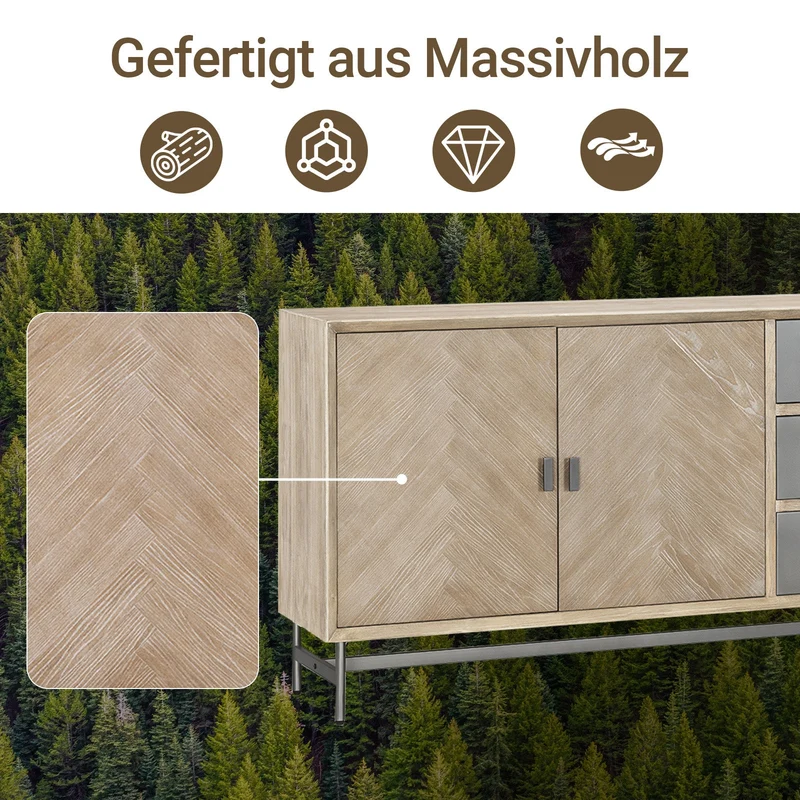 SoBuy | Sideboard Kommode Küchenschrank | 3 Schubladen & 3 Türen | vormontiert & stabil | Gummibaumholz | HFSB05-N