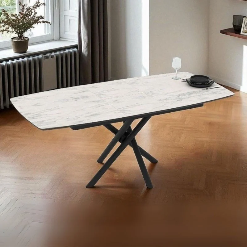 Tavolo allungabile con piano marmo bianco e gambe a stelo incrociate nere 138/178x90x76H Katrin