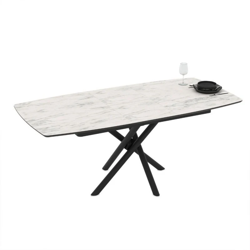 Tavolo allungabile con piano marmo bianco e gambe a stelo incrociate nere 138/178x90x76H Katrin