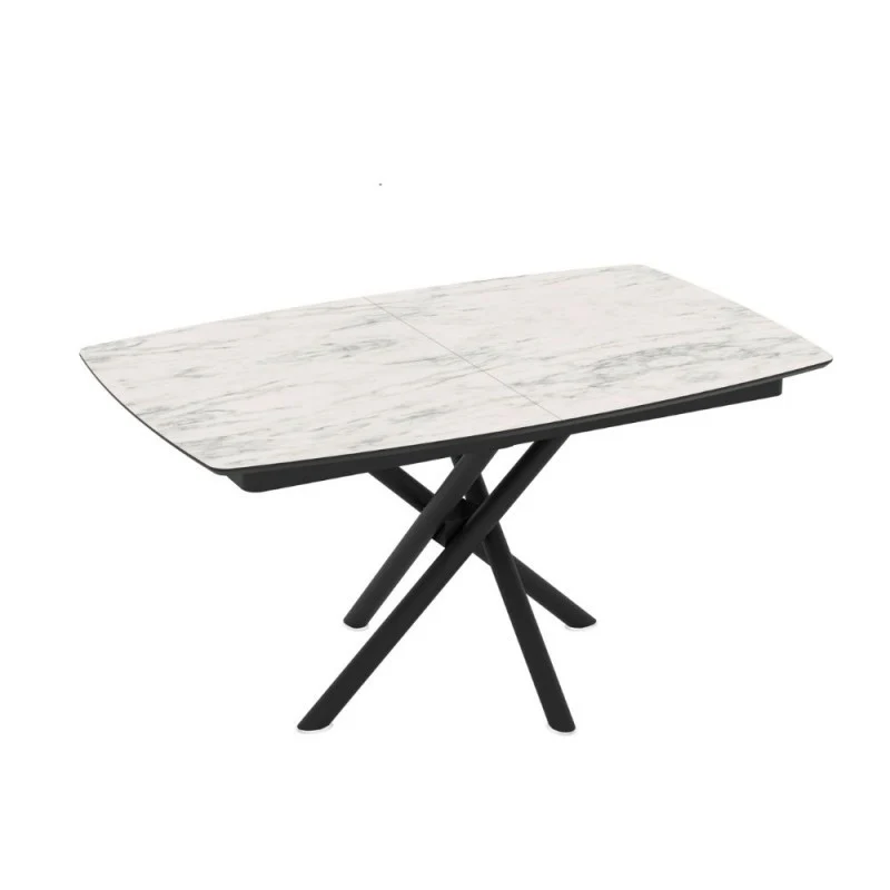 Tavolo allungabile con piano marmo bianco e gambe a stelo incrociate nere 138/178x90x76H Katrin