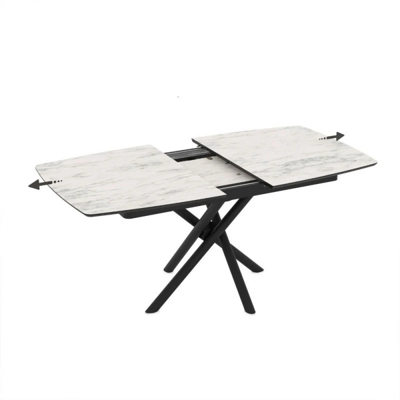 Tavolo allungabile con piano marmo bianco e gambe a stelo incrociate nere 138/178x90x76H Katrin