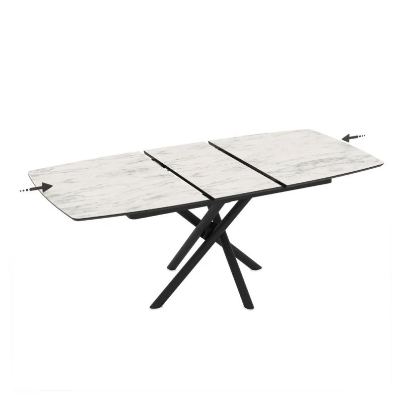Tavolo allungabile con piano marmo bianco e gambe a stelo incrociate nere 138/178x90x76H Katrin