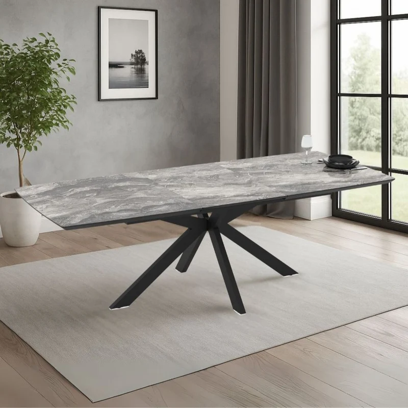 Tavolo allungabile piano effetto marmo arabesque nero e base nera 180/240x100x76H Verano