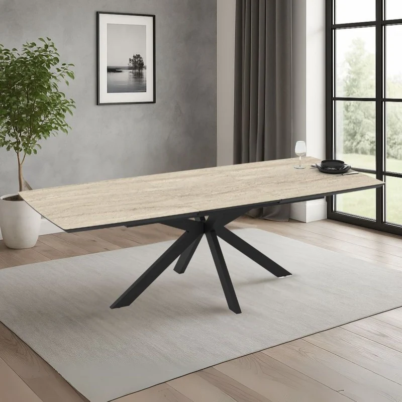 Tavolo allungabile piano effetto marmo travertino beige e base nera 180/240x100x76H Verano